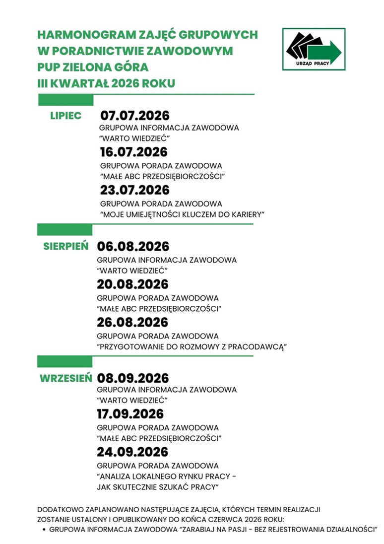 Obrazek dla: Harmonogram zajęć grupowych w poradnictwie zawodowym